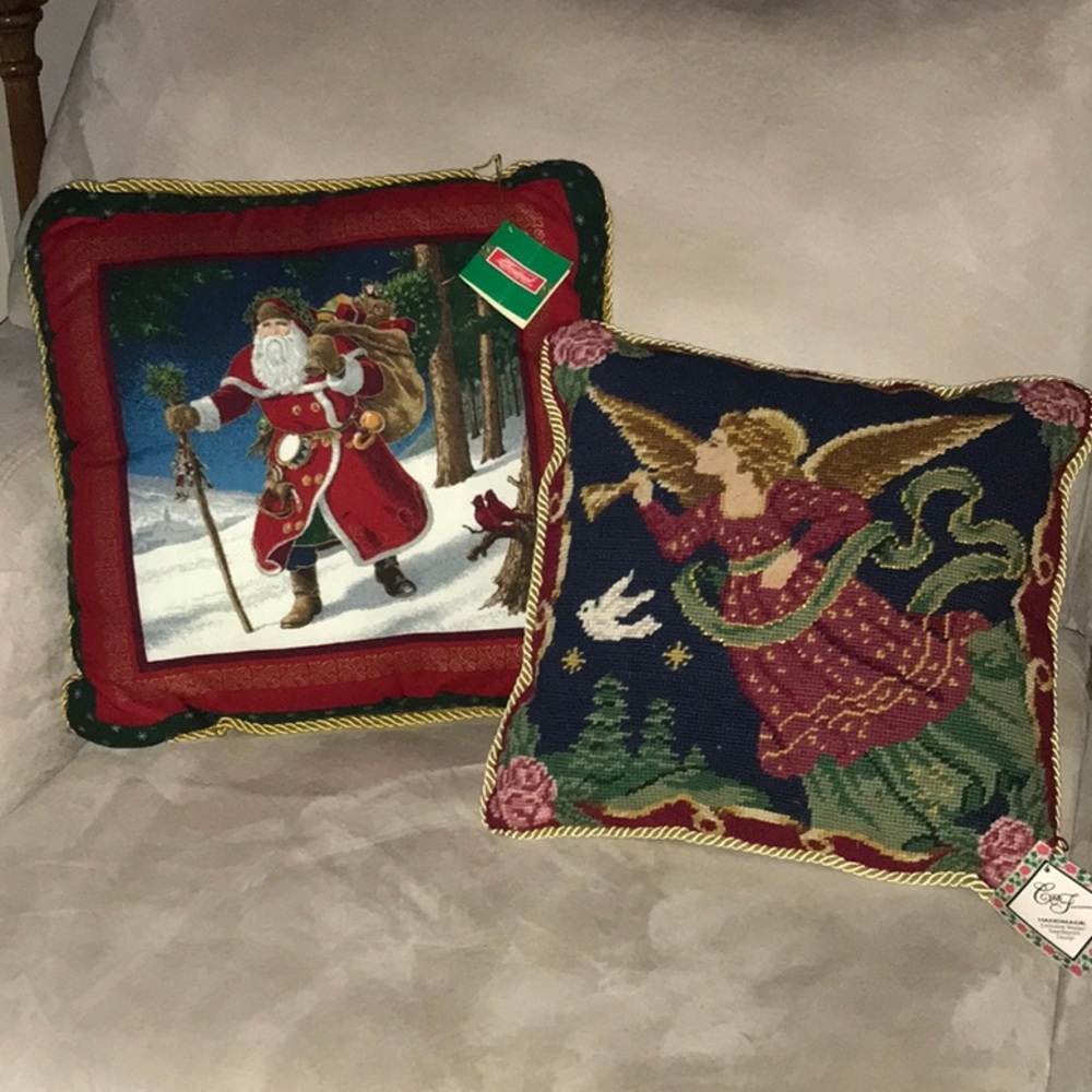 C & F Enterprises Wool Needlepoint Velvet Red & Santa Pillows